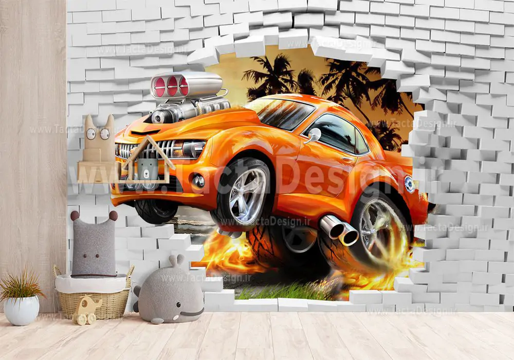 ماشین نارنجی در میان دیوار ریخته